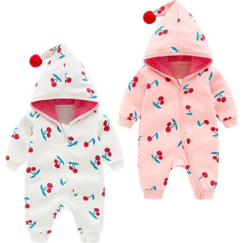 Autumn And Winter Body Hooded Cute Girl Rompers,cotton Sweatshirt Cherry Printed Unisex Baby Clothes Jumpsuit For Boys