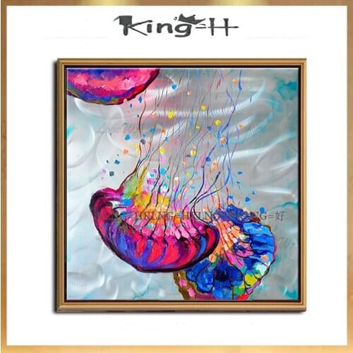 Hand-painted Abstract Blue Ink Oil Painting Jellyfish Fish Canvas Posters Modern Bedroom Decoration Wall Art for Living Room
