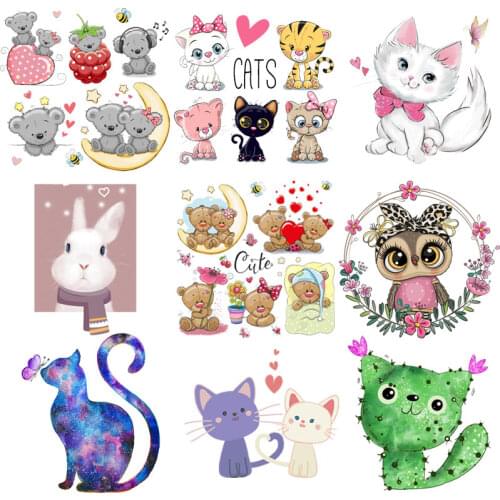Cartoon Cat Transfer For Clothing Iron On Cute Animals Cat Heat Vinyl Transfers For Clothes Appliques Stickers For DIY T-shirt