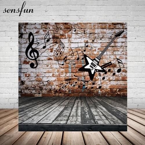 Sensfun Musical Notes Guitar Brick Wall Wood Floor Photography Backdrop Birthday Party Backgrounds For Photo Studio Vinyl