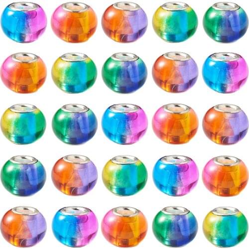 PandaHall 5pcs 15x12mm Spray Painted Two Tone Glass European Beads, with Brass Cores, Large Hole Beads, Rondelle, Mixed Color