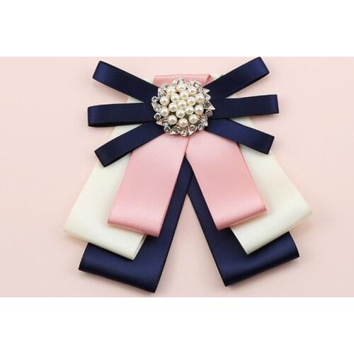 Korean Fashion Ribbon Bow Tie Brooch Rhinestone Bowknot Necktie Shirt Collar Pins Jewelry Gifts for Women Clothing Accessories