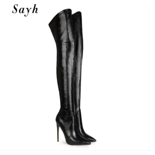 Winter Woman High Heel Boot Over Knee High Boots Pointy Toe Thigh Boots Womens Winter Stretch Boots Real Leather Shoes Big Size