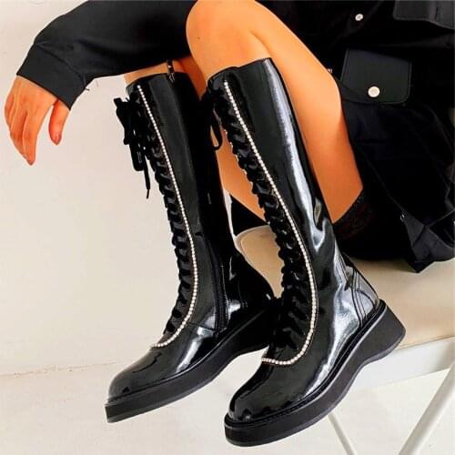 Military Long Boots Women Glossy Cow Leather Round Toe Knee High Boots Platform Creeper Shoes High Heels Party Oxfords EUR35 -43