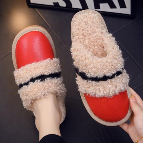 Women Winter Indoor Furry Slippers Men Genuine Leather Plush Flats Home Shoes Ladies Non-slip Warm House Bedroom Stripe Slipper