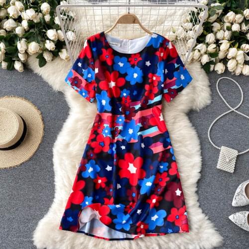 Summer new print short Dress Round neck, elegant commuting woman dress Short sleeve dresses for women 2021