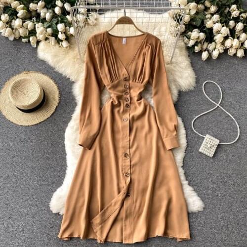 Sexy V-neck Long Sleeve Womens Dress Solid Color Slim High Waist Single Breasted A-line Midi Party Dress Vestidos Robe Femme