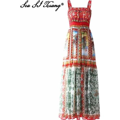 Seasixiang Fashion Designer Summer Maxi Dress Women Spaghetti Strap Sexy Backless Vintage Print Floor-Length Party Dresses