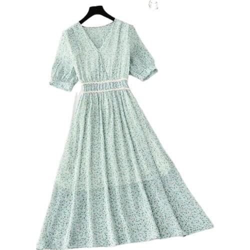 2021 New Women Chiffon Floral Printed Dress Summer Short Sleeve High Waist V-Neck A-Line Fairy Print Dresses For Women