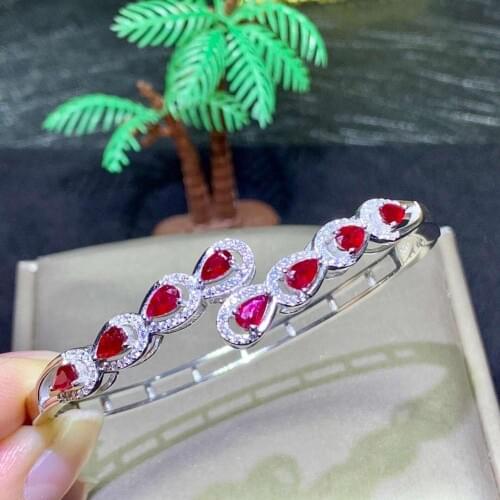 100% Natural Real Ruby bangle Bracelet Solid S925 Sterling Silver For Women Color Natural Real Ruby bangle