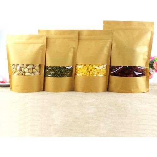 100pcs/lot chocolate bags, 9*13cm stand up Kraft paper zip lock bag with window-color bead packing pouch reusable
