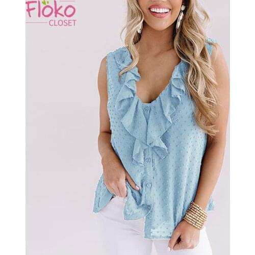 Flokocloset Sexy V-Neck Ruffle Sleeveless Solid Blouses Femme Casual Chiffon Shirt Tops Women 2021