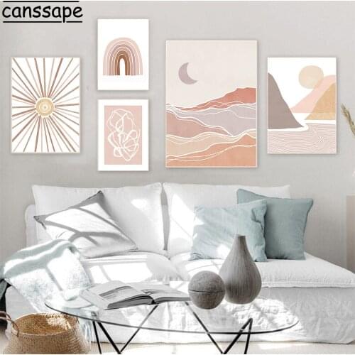 Beige Line Art Prints Rainbow Canvas Paintings Mid Century Sun Moon Wall Art Poster Boho Style Wall Pictures Living Room Decor
