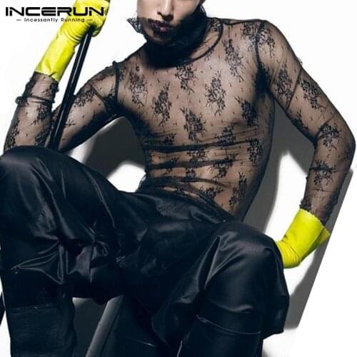 INCERUN 2021 Top American Style New Men Tees Stylish Comfortable Lace See-through Turtl-eneck Long-sleeved Bottoming Shirt S-5XL