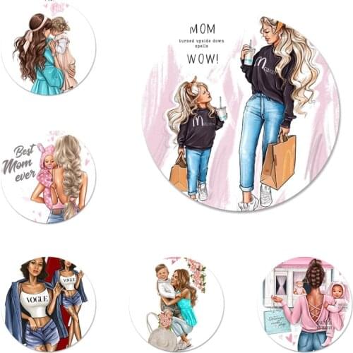 Brown Hair Baby Mom Girl Queen Icons Pins Badge Decoration Brooches Metal Badges For Clothes Backpack Decoration 58mm