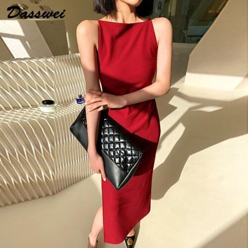 DASSWEI Fashion Bodycon Long Dress For Women Elegant High Waist Split Slash Neck Sleeveless Dresses Femme Solid 2021 Summer Robe