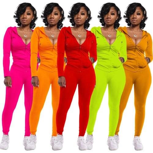 Fashion Hooded Two Piece Set With Pocket Zipper Jacket + Long Pants Jogger Autumn And Winter Tracksuit Sportsuit Outfit