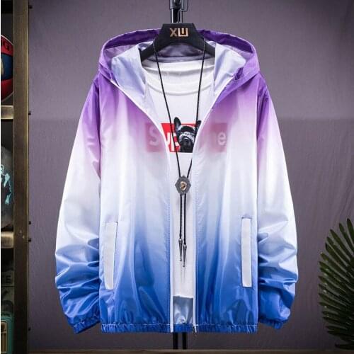 2021 Mens Summer Hood Jacket Thin Windbreaker Ultralight Packable Fashion Gradient Color Sunscreen Casual Zipper Coat Plus Size
