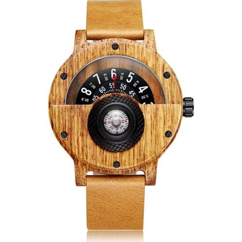 Creative Compass Turntable Number Style Mens Wooden Watch Men Brown Wood Leather Band Vintage Natural Wood Wrist Watches Relogio