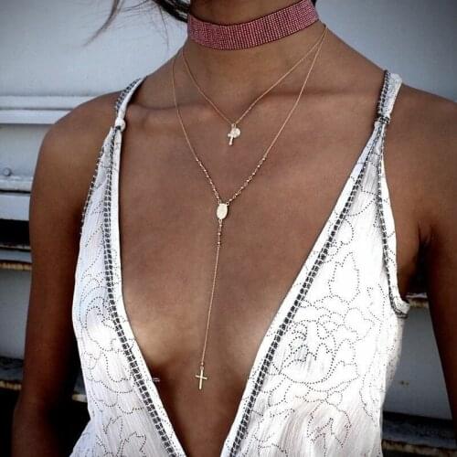 Bohemian Women Gold Necklaces Set Cross Pendant Multilayer Chain Necklace Fashion Lady Jewelry Accessories