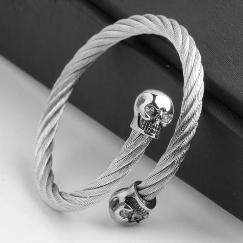 New Arrive 316LStainless Steel Silver Color Skeleton Skull Wire Twristed Chain Cuff Bangle Mens Unisex Bracelet Hip-hop Jewelry