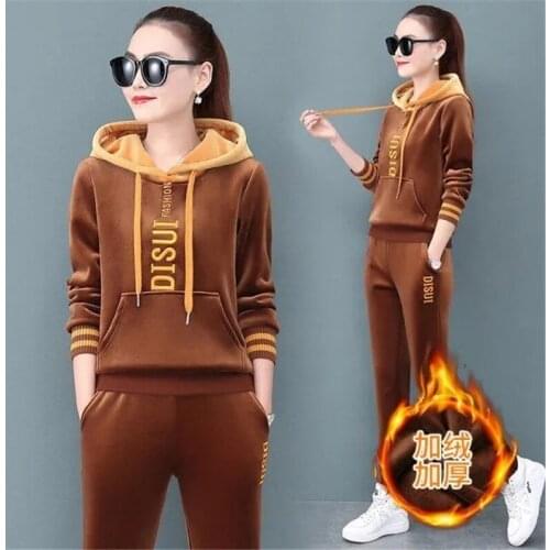 Autumn Winter Thicken Casual Velvet Tracksuit Women 2 Piece Suit Plus Size Fashion Letter Embroidery Hoodie + Sweatpants Set