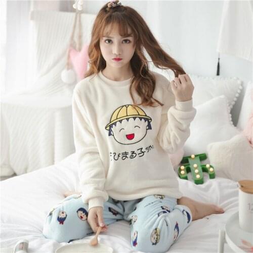 Autumn and winter thick warm flannel pajamas womens long sleeves cute cartoon ladies home service suit a variety of styles