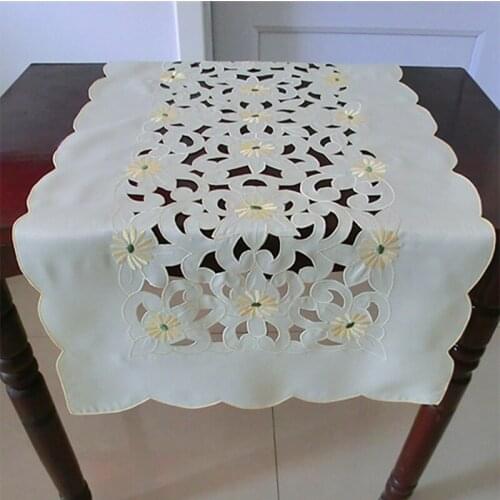 Luxury yellow satin Embroidery bed Table Runner flag cloth cover damask Lace tea coffee tablecloth Party kitchen Wedding decor