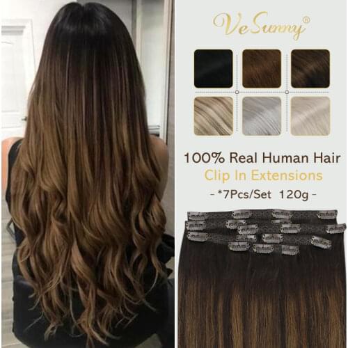 VeSunny Clip in Hair Extensions Human Hair Clip in Extensions Caramel Blonde Double Weft Clip in Brown Hair Extensions 7pcs