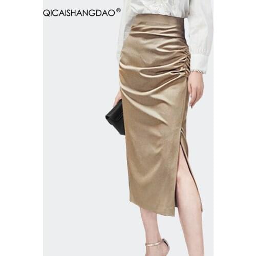 Women Sexy High Waist Khaki Pencil Skirt 2021 Spring New Split Shirred Elegant Fashion Tight Office Ladies Skirts Plus Size 4XL