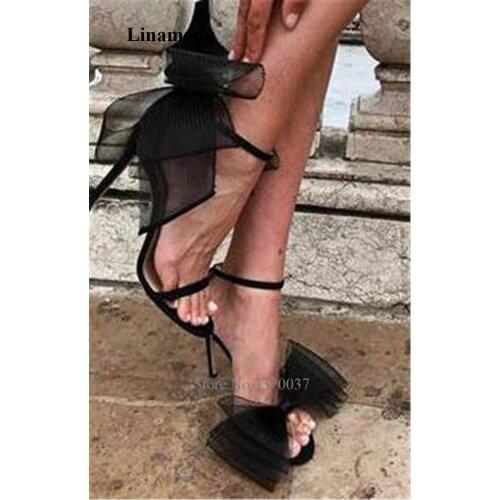 Women Elegant Fashion Open Toe Mesh Bowtie Decorated Stiletto Heel Sandals White Black Asymmetry High Heel Sandals Wedding Shoes