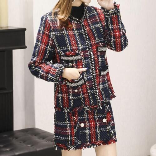 Suits Women Runway Designer Elegant Office Ladies Formal Tweed Wool Plaid Blazer Jacket Mini Skirt 2 Piece Set 2020 Winter