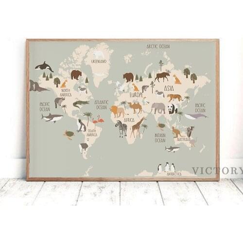 Animal World Map Nursery Wall Art Canvas Painting Scandinavian Posters and Prints Cute Cartoon Animals Pictures Kids Room Decor