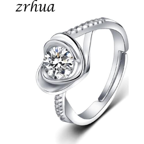 ZRHUA Authentic 925 Sterling Silver Rings Shiny Zirconia Crystal Finger Rings for Women Chic Heart Wedding Party Jewelry
