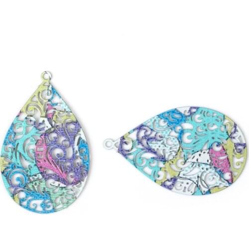 Iron Based Alloy Enamel Painting Pendants Drop Green Multicolor Filigree 30mm(1 1/8") x 19mm( 6/8"), 10 PCs