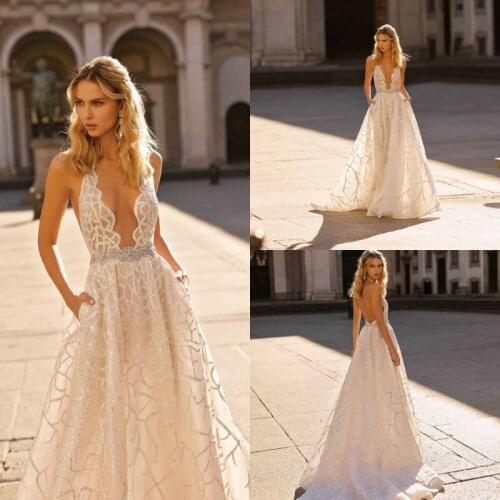 2020 Fashion Wedding Dresses Sexy Deep V Neck Lace Sequins Bridal Gowns Custom Made Backless Sweep Train A Line Wedding Dress