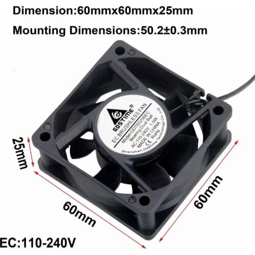5 Pcs Gdstime 60mm x 25mm Two Ball 60*60*25mm EC Brushless Cooling Fan AC 110V - 240V DC Motor Cooler 6cm 6025B without Plug