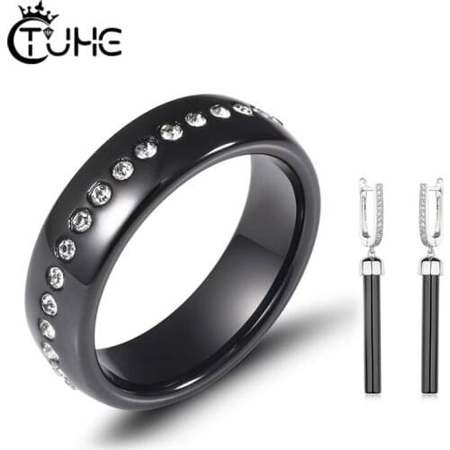 6mm One Row Crystal Women Ceramic Rings With Long Ceramic Drop Earring For Women Jewlery Set Fashion Style New Year Gifts