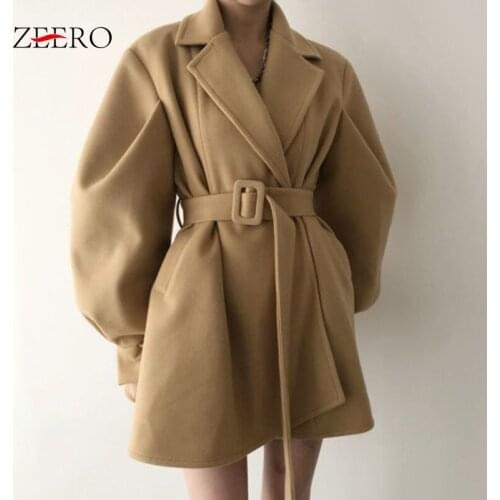 Spring Autumn Female Classic Black Jacke Dress Lapel Puff Sleeve Sashes Warm Blazer Women Woolen Cloth Outerwear Mini Dresses