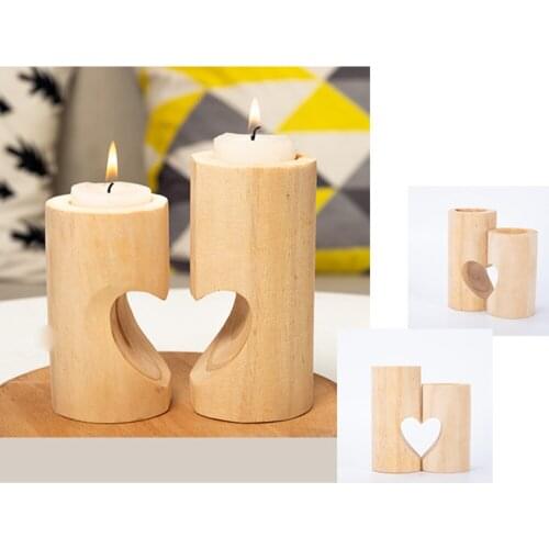 2X Wooden Candlesticks Holders Heart Shaped Hollow Candlestick Gift Unpainted Romance 4cm Candles Stand For Wedding Christmas