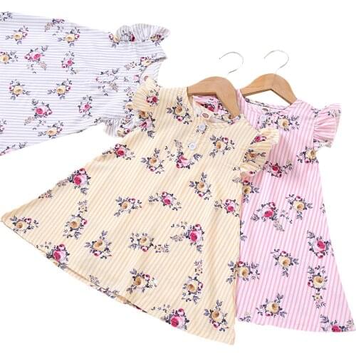 Children Striped Midi Dress with Buttons, Floral Print Sleeveless O-neck Sundress with Ruffles