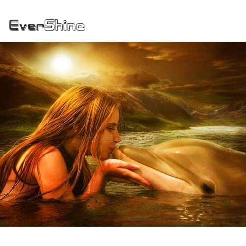 EverShine 5D DIY Diamond Painting Girl Cross Stitch Diamond Embroidery Dolphin Picture Of Rhinestones Diamond Mosaic Wall Decor