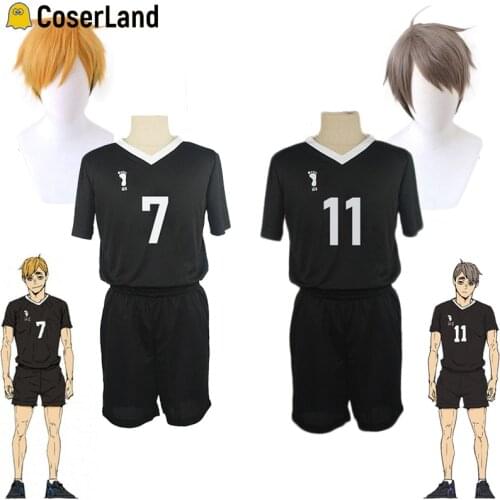 Haikyuu Season 4 No.7 Miya Atsumu No.11 Osamu Miya Cosplay Jerseys Inarizaki High Volleyball Top+Shorts Uniform Black Sportswear