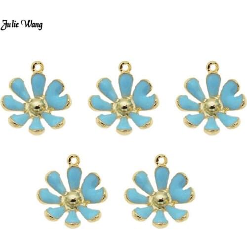 Julie Wang 10pcs 20pcs Blue Alloy Daisy Flower Enamel Charms Earring Necklace Pendant DIY Women Bracelet Making Craft Accessory