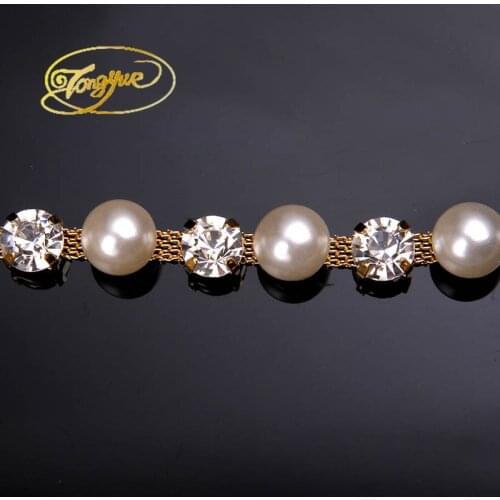 Costume pearls rhinestone applique trims Gold silver base sewing accessories for party wedding dress 1 yard