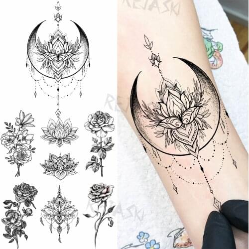 Small Henna Pendant Moon Wrist Temporary Tattoos For Women Adult Bouquet Roses Fake Tattoo Body Art Water Transfer Tatoo Sticker