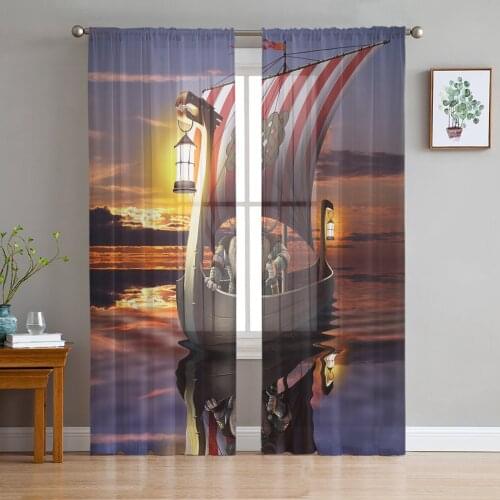 Sea Pirate Ship Dusk Art Tulle Curtains For Living Room Bedroom Transparent Tulle Curtains Window Drapes Sheer Curtain