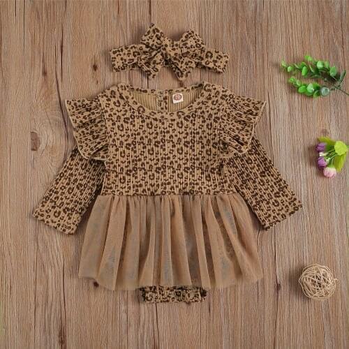 Newborn Girls Leopard Print Romper Dress Long Lace Sleeve Ruffles Jumpsuits Short Yarn Skirt +Bow Hairband 2pcs Outfits Suits