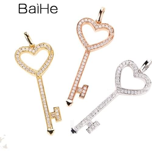 BAIHE Genuine Solid 18K White/Yellow/Rose Gold 0.17ct Natural Real Diamonds Heart Key Pendant Fine Jewelry Christmas Gift Trendy