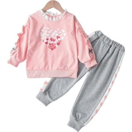 Girls Spring And Autumn Suit Pleated Neckline Love Pattern Pullover Blouse Casual Two-piece Trousers 0-4Y